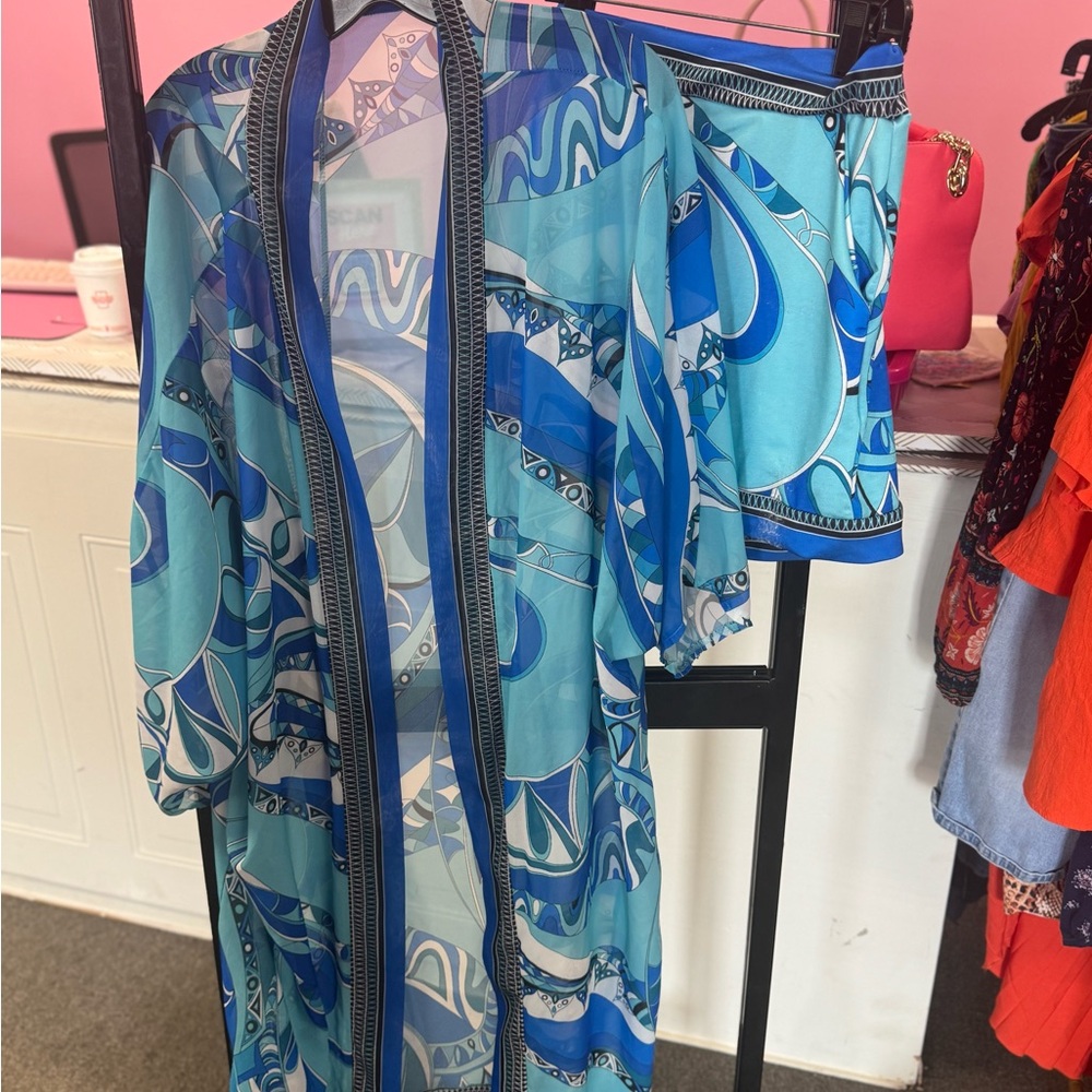Blue Patterned Sheer Kimono and short Set